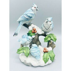 Wintertime Woodland Blue Jays Figurine 7" Family Snowy Branch Holly Berries